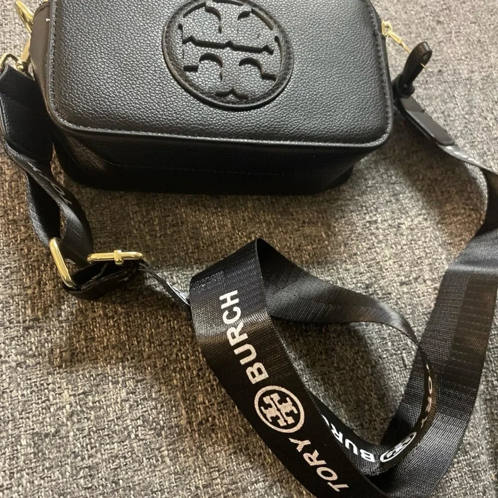 Black Leather Logo Crossbody with Branded Strap